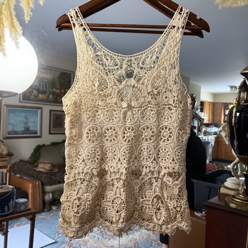 Ultra Pink 100% Cotton Crochet Lace Bohemian Free-Spirited Earthy Cream Tank Top